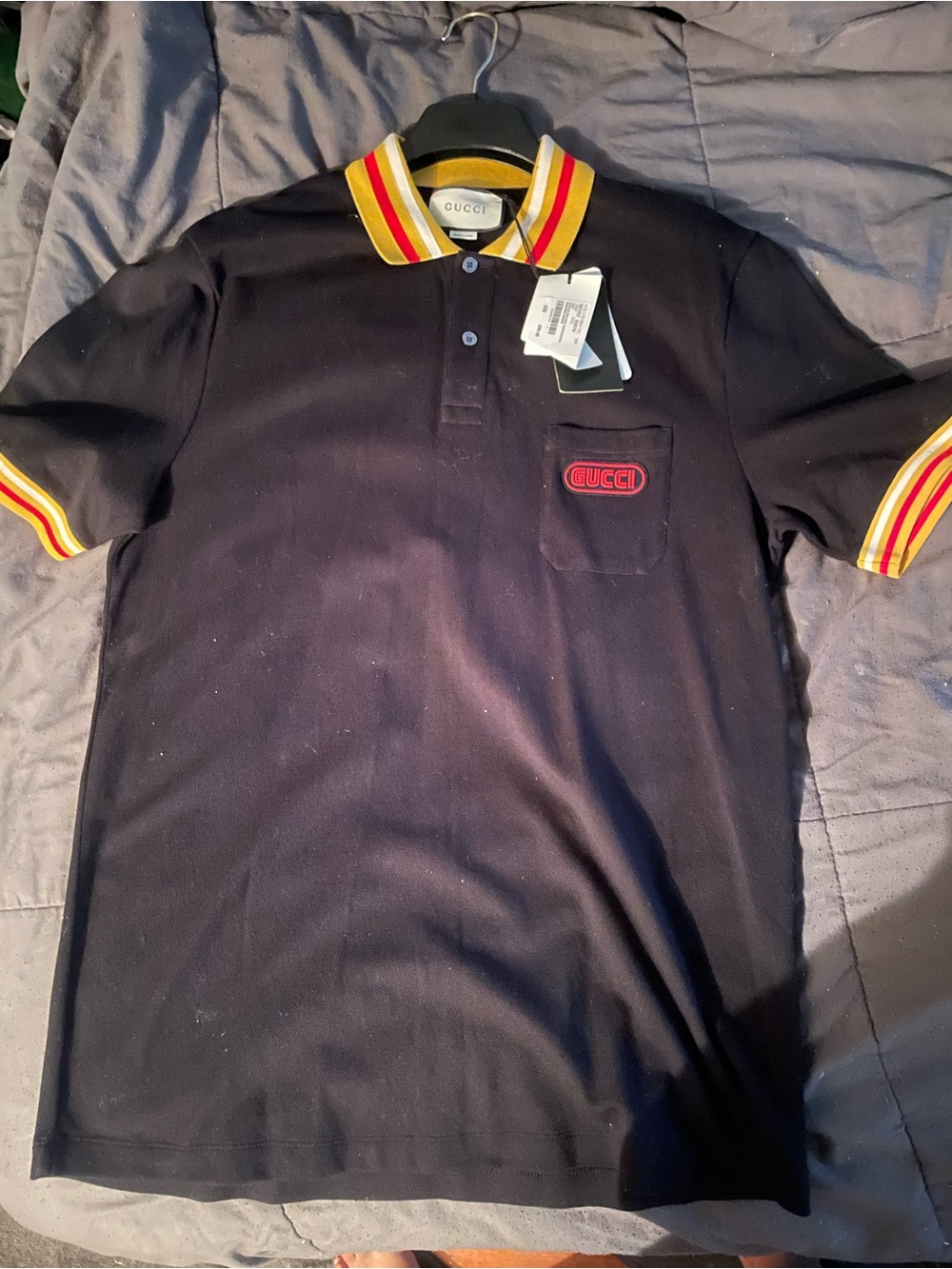 Gucci Black Polo with Red & Yellow Stripe Collar